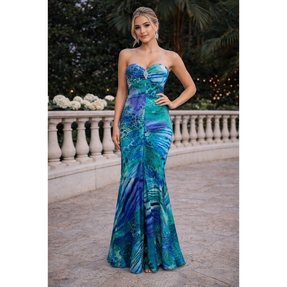 XSCAPE Strapless Mermaid Gown Dress Blue Purple Animal  Ruched Rhinestone Prom 8